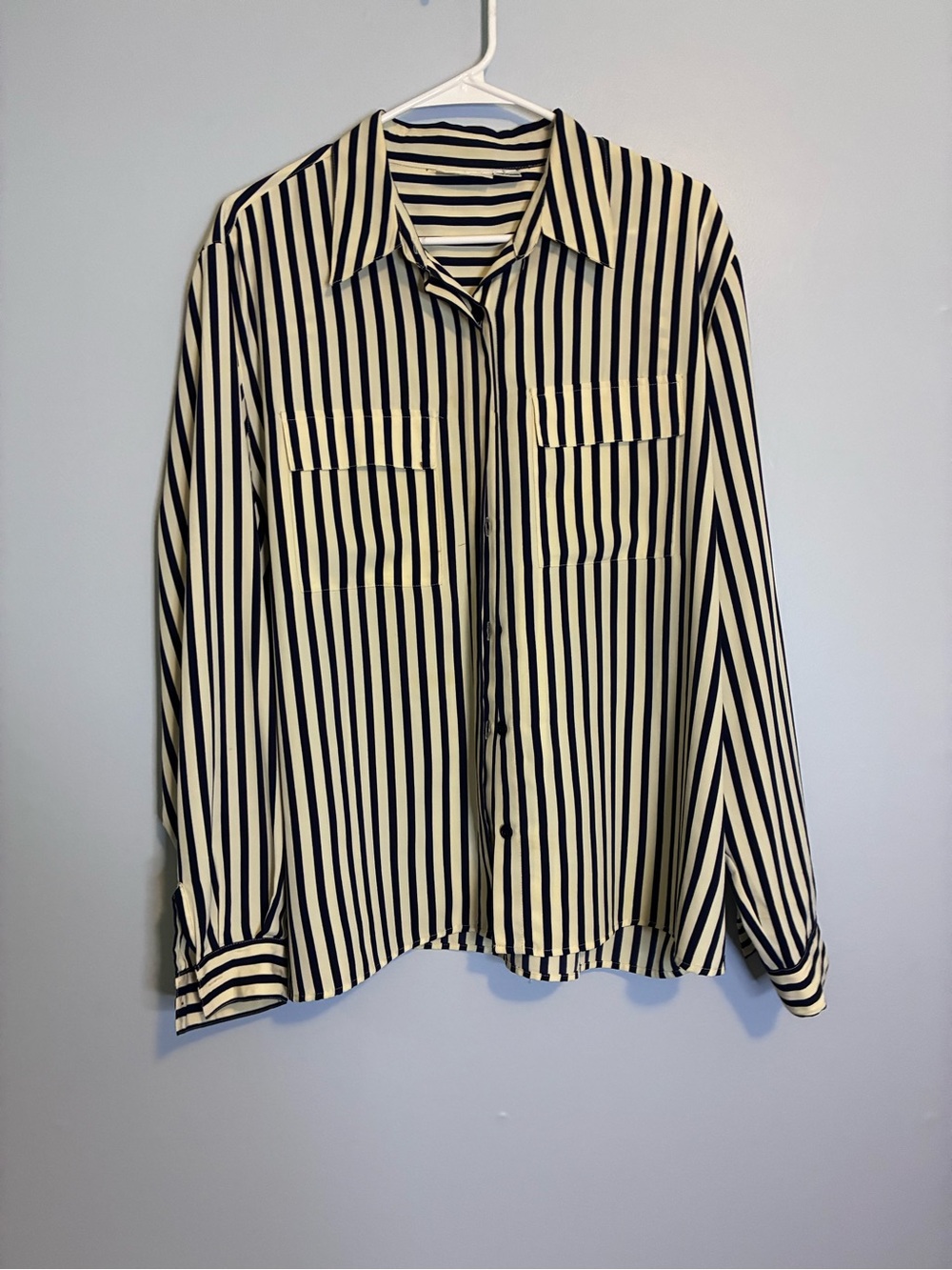 Alfred Dunner Black and Cream Striped Button-Down Blouse